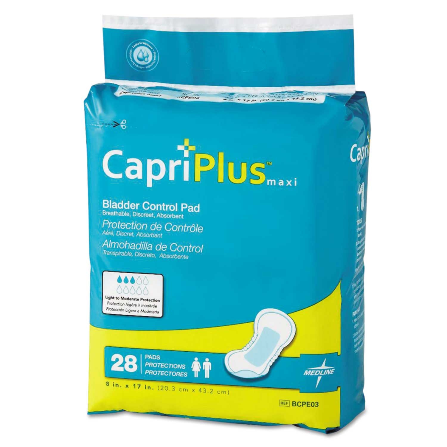 Medline Capri Plus Ultra Plus White Bladder Control Pads, 8 x 17 inch - 28 per pack -- 6 packs per case