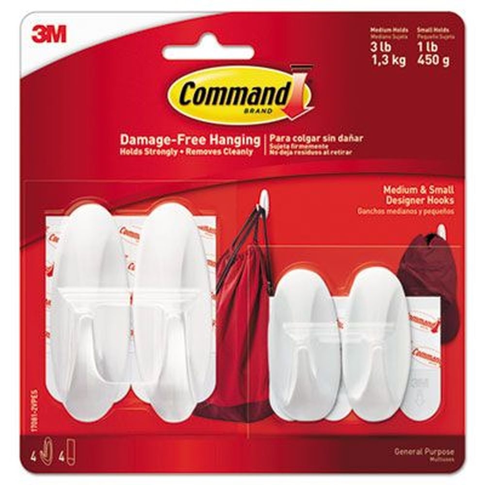 Command White Small/Medium Plastic General Purpose Designer Hooks, 3 Pound Capacity - 4 Hooks and 4 Strips per pack