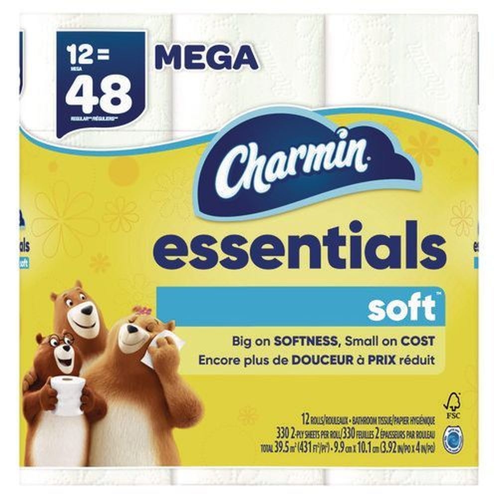 Charmin Essentials White Septic Safe 2 Ply Soft Bathroom Tissue, 330 sheets per roll -- 48 rolls per case