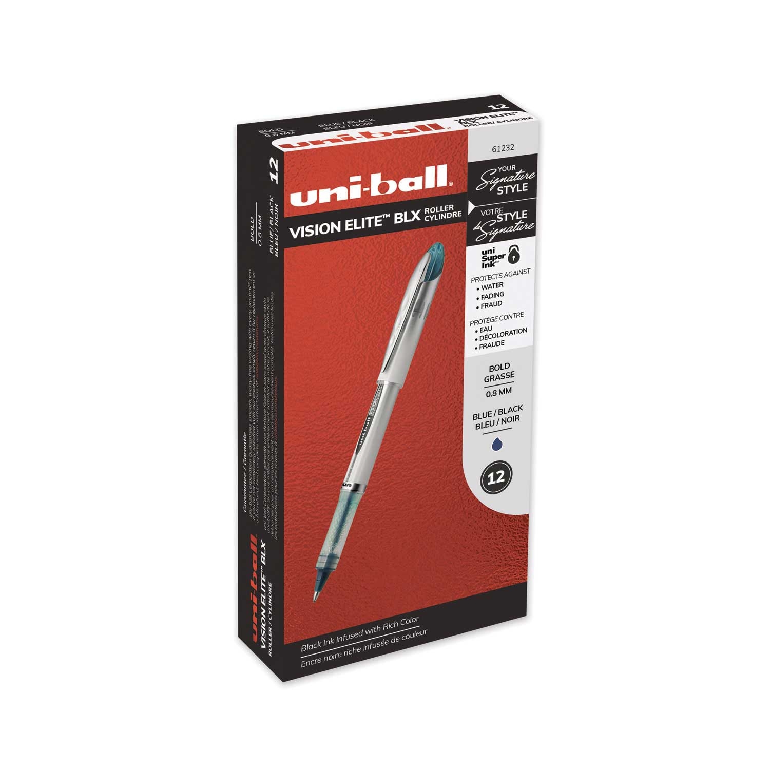 Uni Ball Vision Elite White and Blue Black Barrel 0.8 mm Stick Roller Ball Pen with Blue and Black Ink