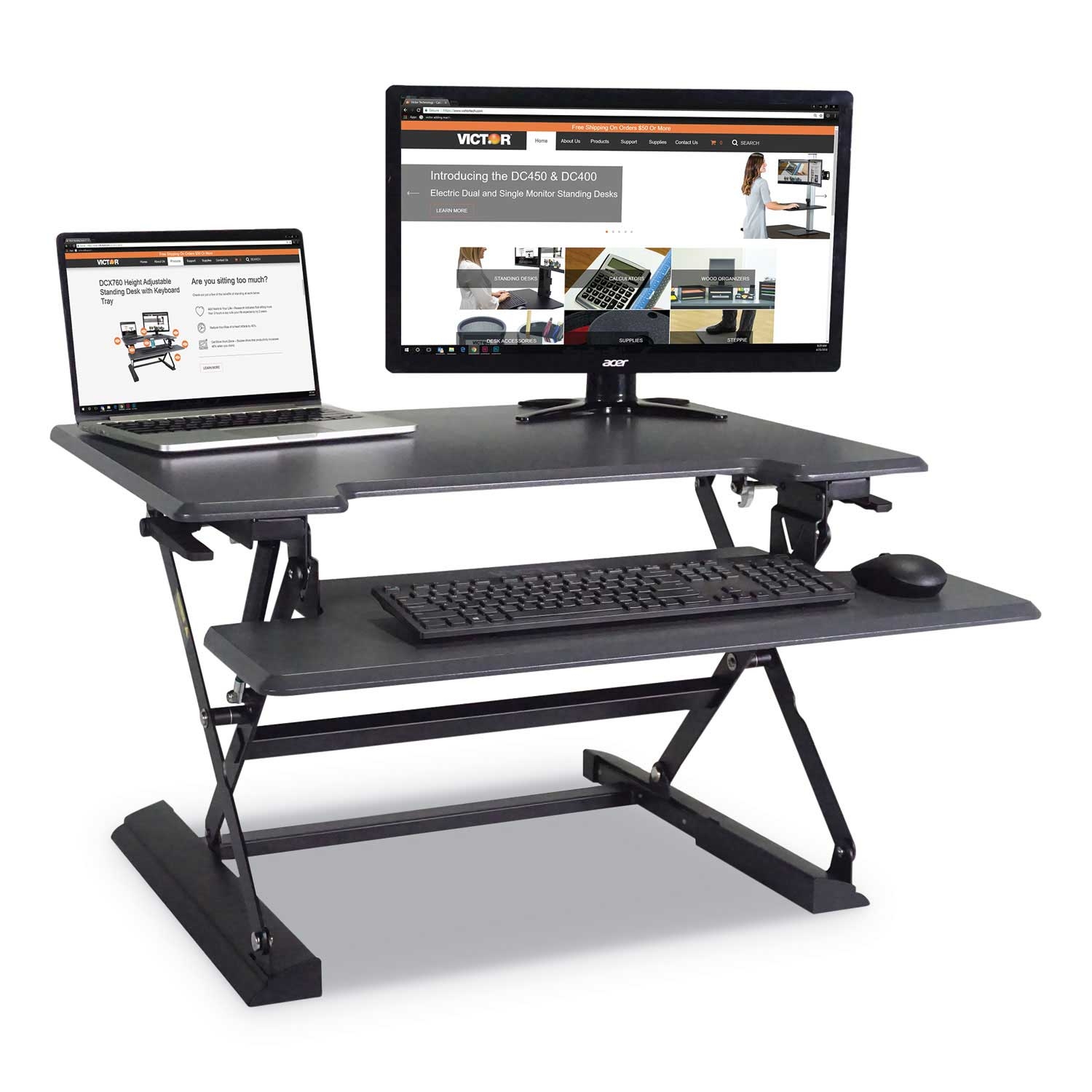 Victor Gray and Black High Rise Height Adjustable Standing Desk with Keyboard Tray, 31 x 31.25 x 20 inch