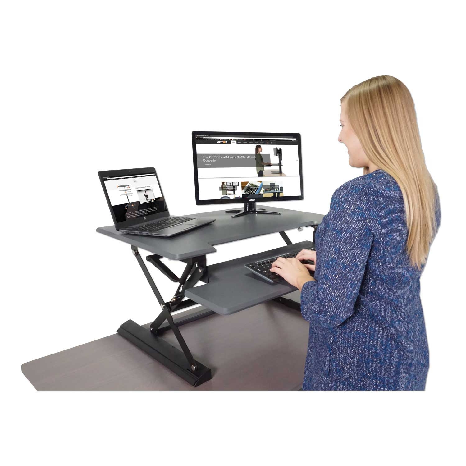 Victor Gray and Black High Rise Height Adjustable Standing Desk with Keyboard Tray, 36 x 31.25 x 20 inch