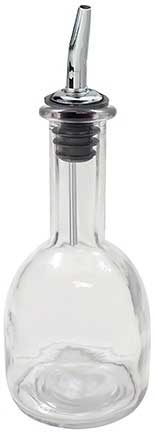 Tablecraft Clear Glass Round Oil Bottle with Stainless Steel Pourer, 10 Ounce -- 12 per case.
