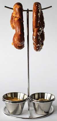 Tablecraft Mirror Finish Stainless Steel Pretzel and Onion Ring Serving Tower with Ramekin Holders, 6 x 6 x 12 inch
