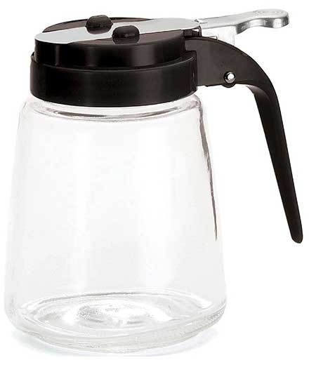 Tablecraft Black ABS Top Modern Glass Syrup Dispenser, 8 Ounce -- 12 per case.