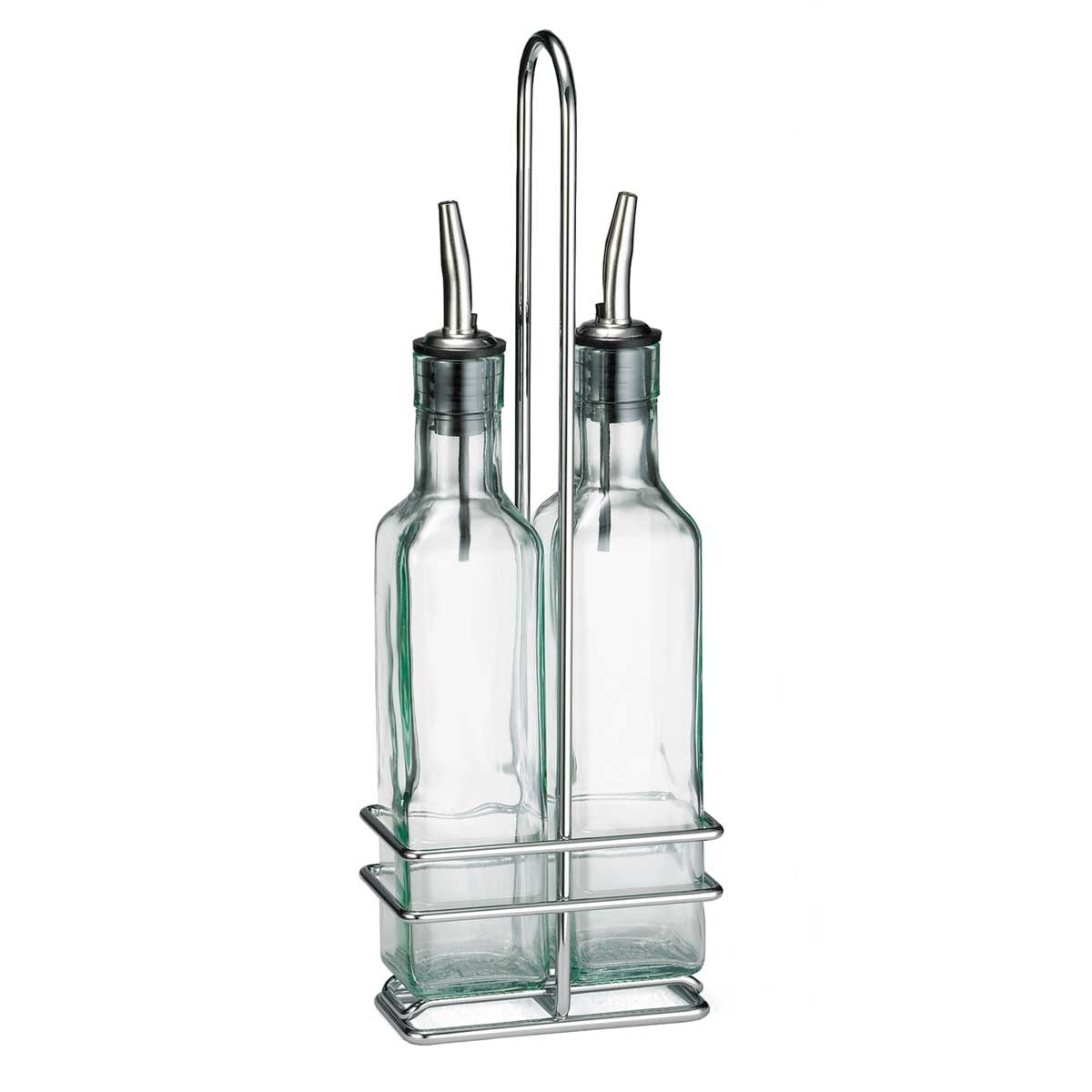 Tablecraft Prima Collection 8.5 Ounce Green Tinted Glass Oil and Vinegar Bottle with Chrome Plated Rack, 4.375 x 2.375 x 12.5 inch -- 6 per case