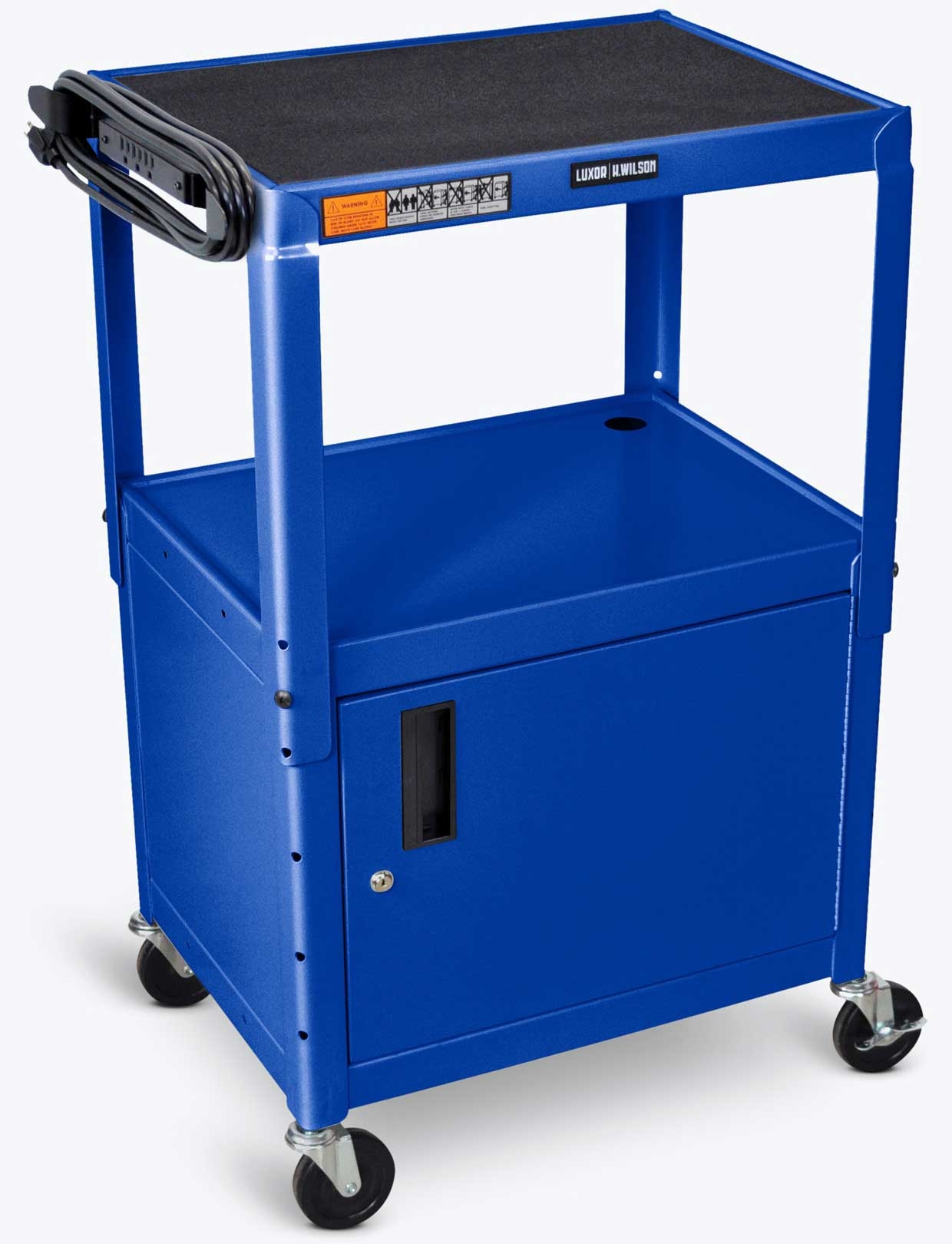 Luxor Blue Adjustable Height Steel AV Cart with Cabinet, 24 x 18 x 24 to 42 inch Height
