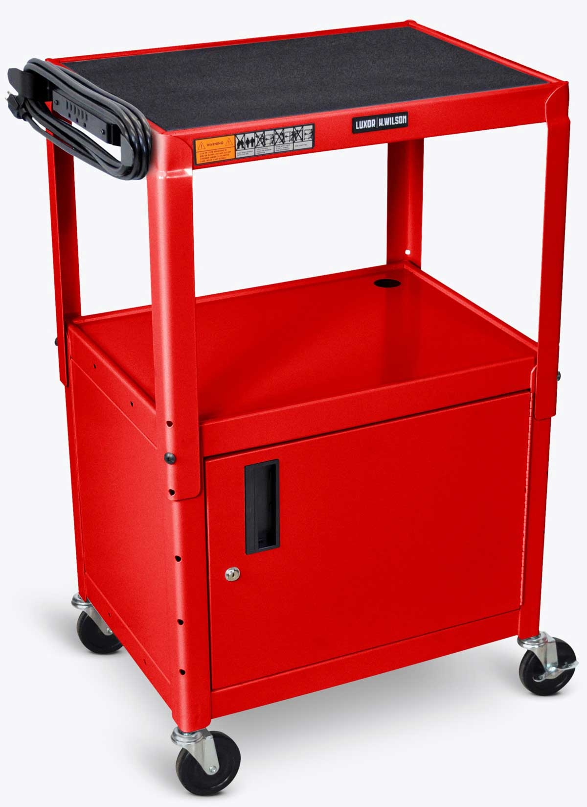 Luxor Red Adjustable Height Steel AV Cart with Cabinet, 24 x 18 x 24 to 42 inch Height