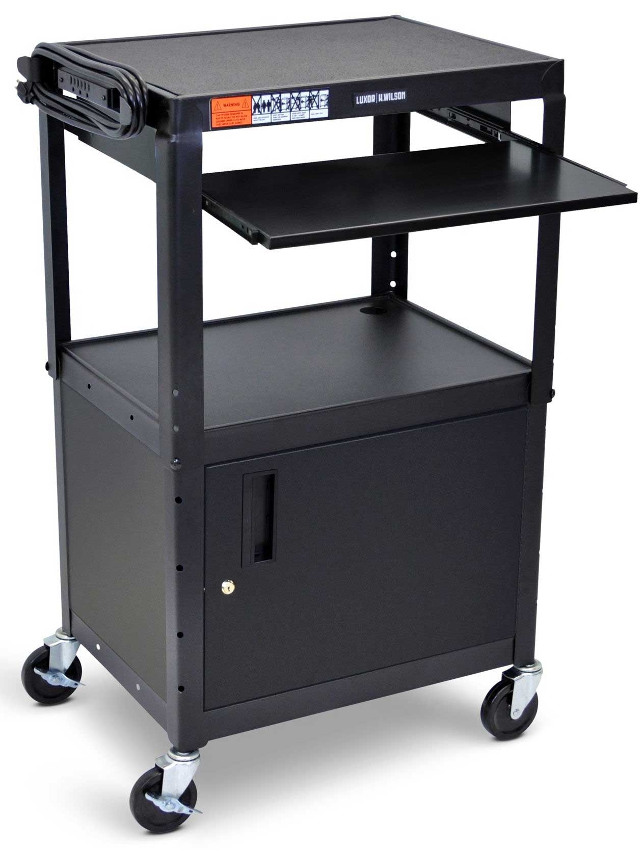 Luxor Black Adjustable Steel Cabinet AV Cart with Pullout Tray, 24 x 18 x 24 inch to 42 inch in 2 inch increments
