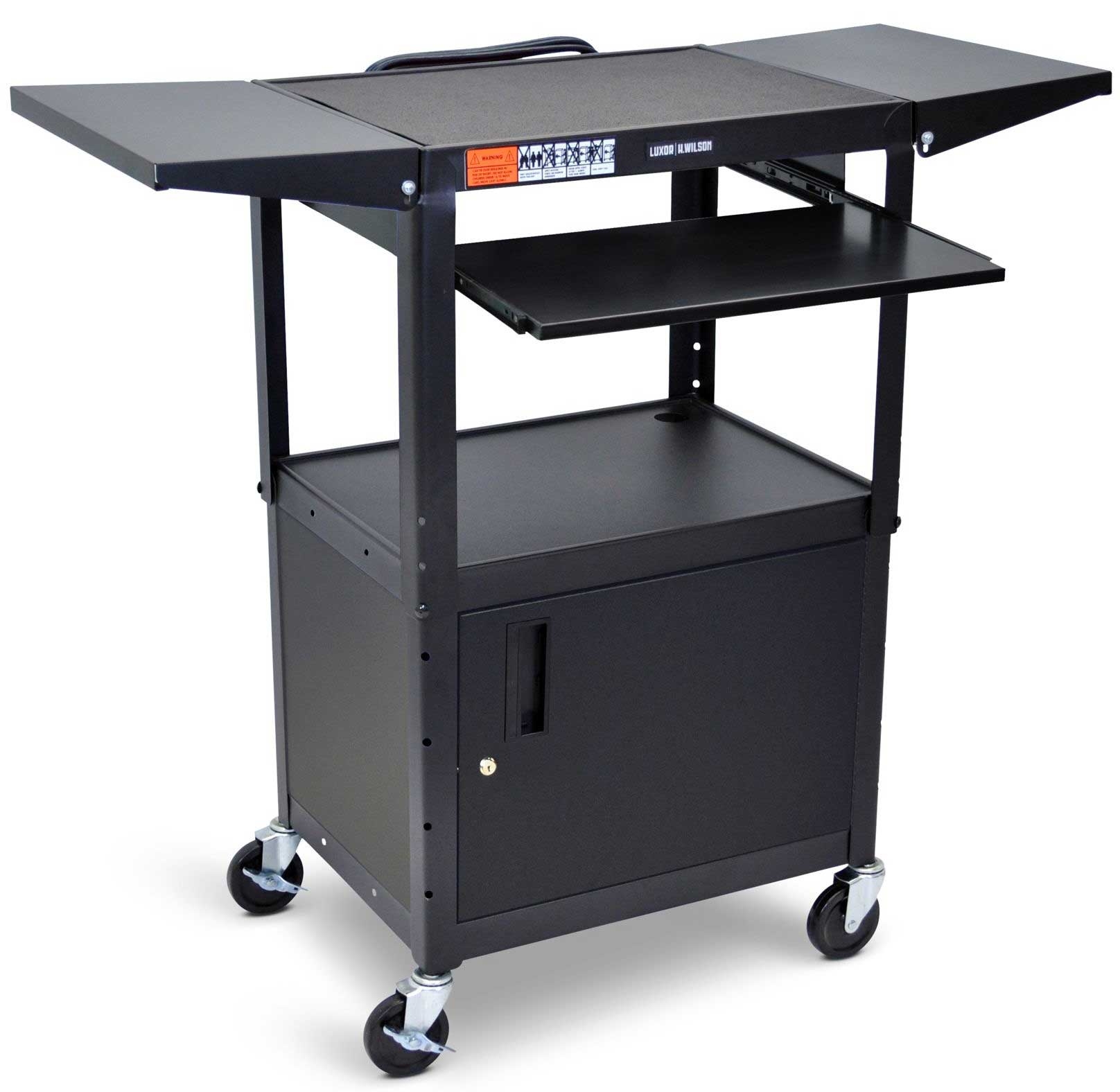 Luxor Black Adjustable Height Steel AV Cart with Pullout Keyboard Tray and Drop Leaf Shelves, 24 x 18 x 24 to 42 inch in 2 inch increments