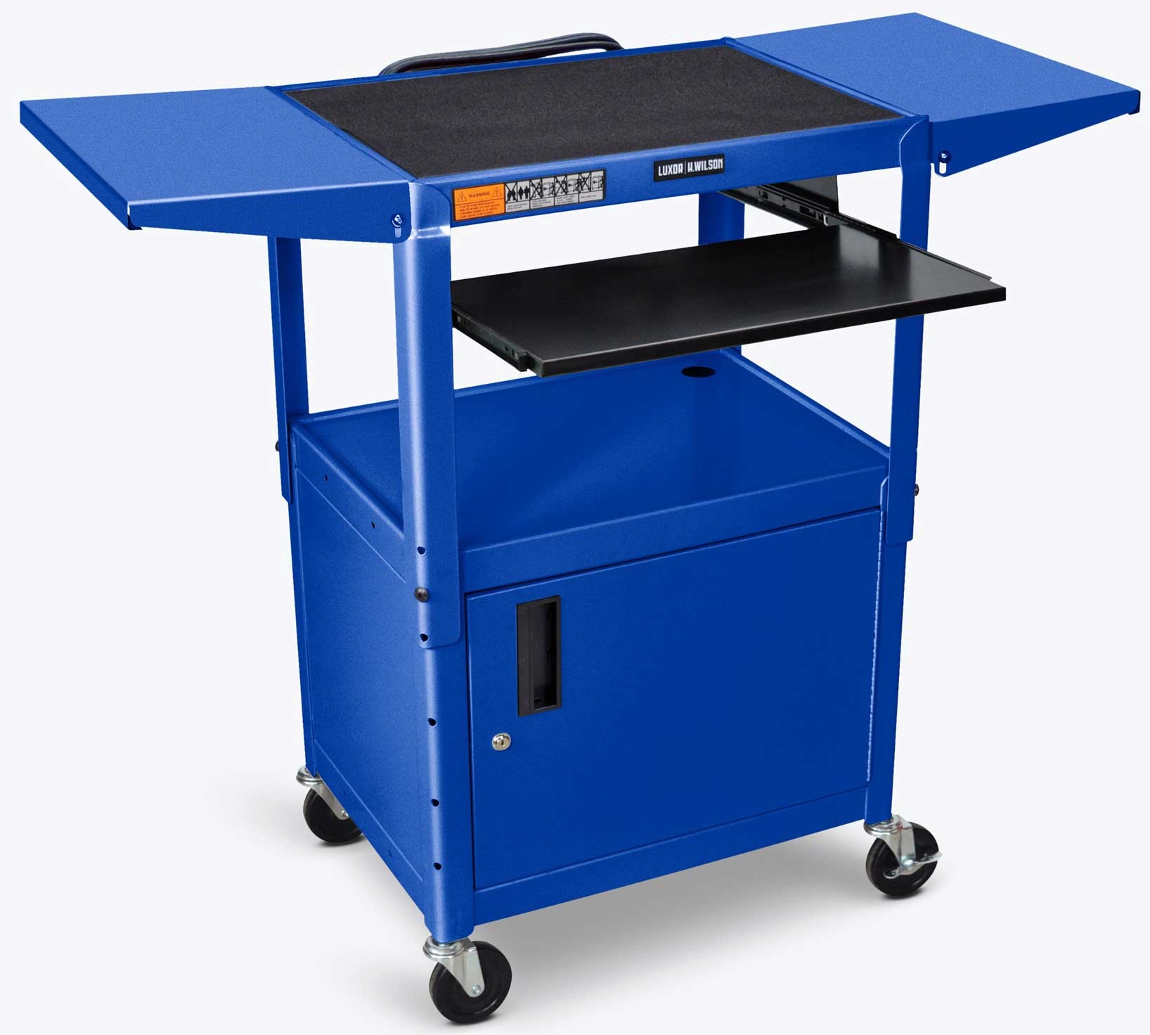 Luxor Blue Adjustable Height Steel Cabinet AV Cart with Pullout Keyboard Tray and Drop Leaf, 24 x 18 x 24 inch Height to 42 inch Height