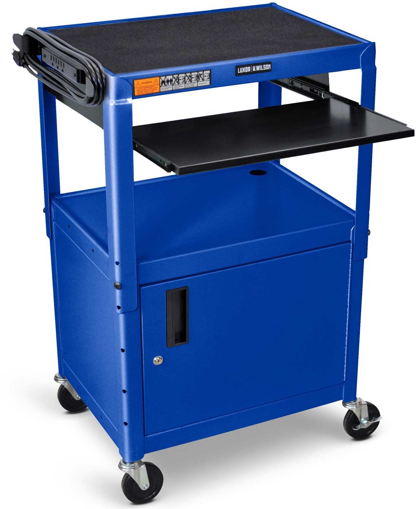 Luxor Blue Adjustable Height Steel Cabinet AV Cart with Pullout Keyboard Tray, 24 x 18 x 24 to 42 inch in 2 inch increments
