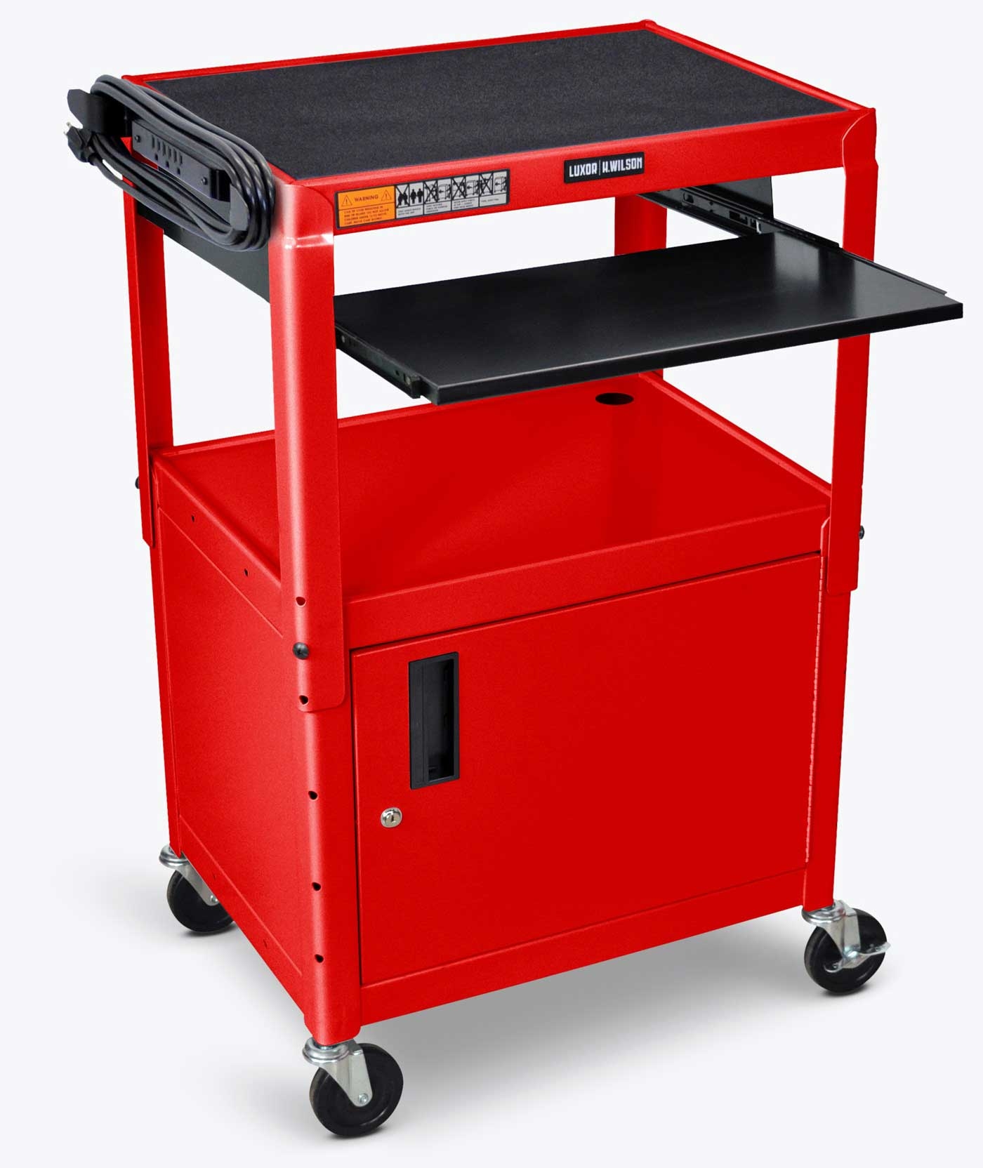 Luxor Red Adjustable Height Steel AV Cart with Pullout Keyboard Tray and Cabinet, 24 x 18 x 24 to 42 inch Height