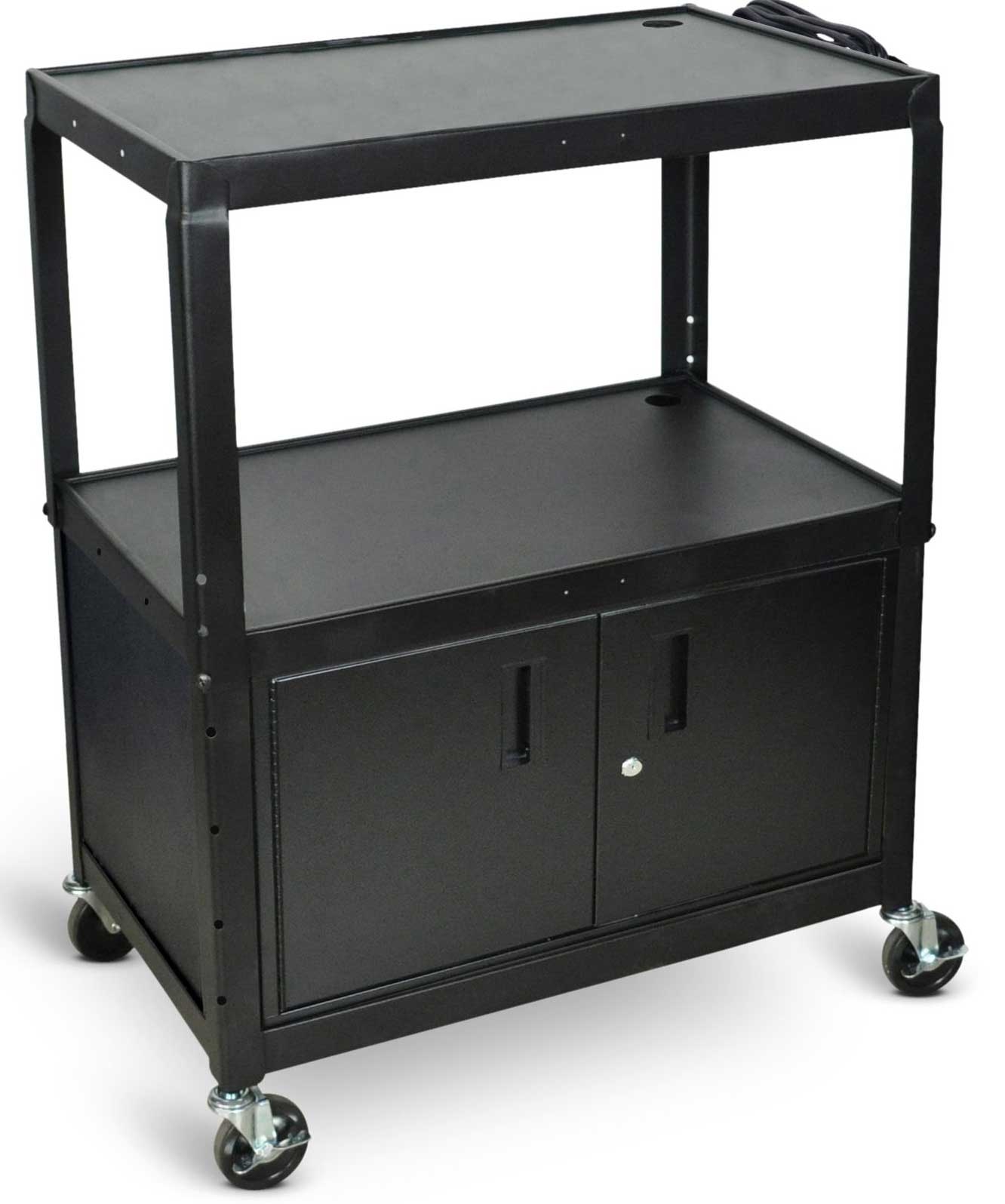 Luxor Black Extra Large Adjustable Height Steel Electric AV Cart with Three Shelves, 32 x 20 x 24  to 42 inch