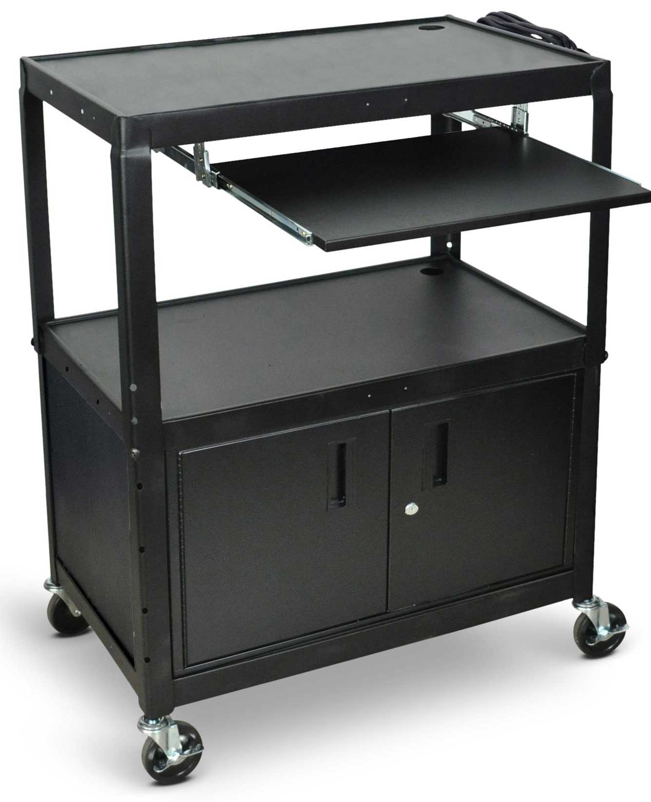 Luxor Black Extra Large Adjustable Height Steel Cabinet Cart with Pullout keyboard Tray, 32 x 20 x 24 to 42 inch