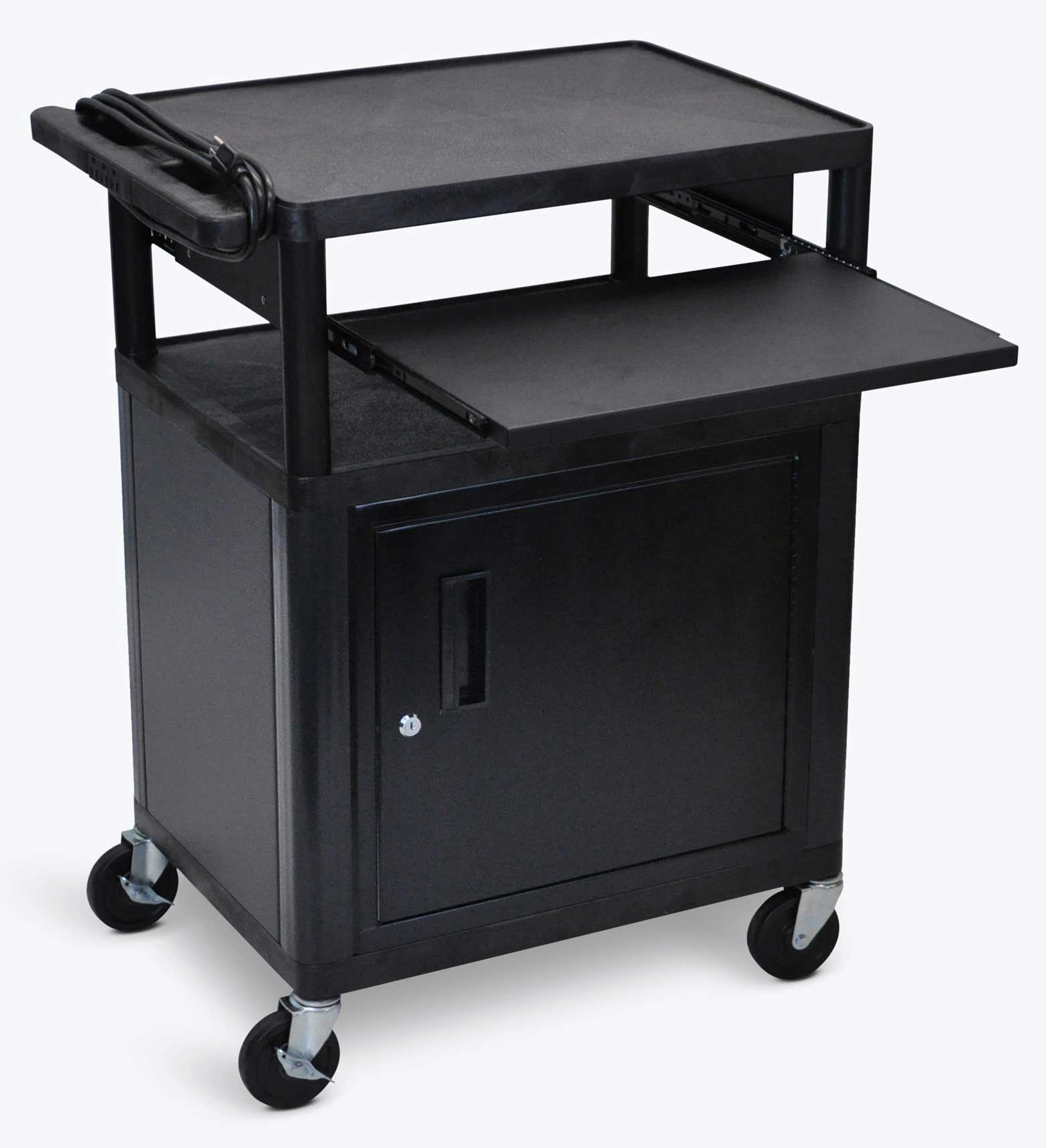 Luxor Black 3 Shelves Cabinet AV Cart with Front Pullout Shelf, 24 x 18 x 34 inch Height