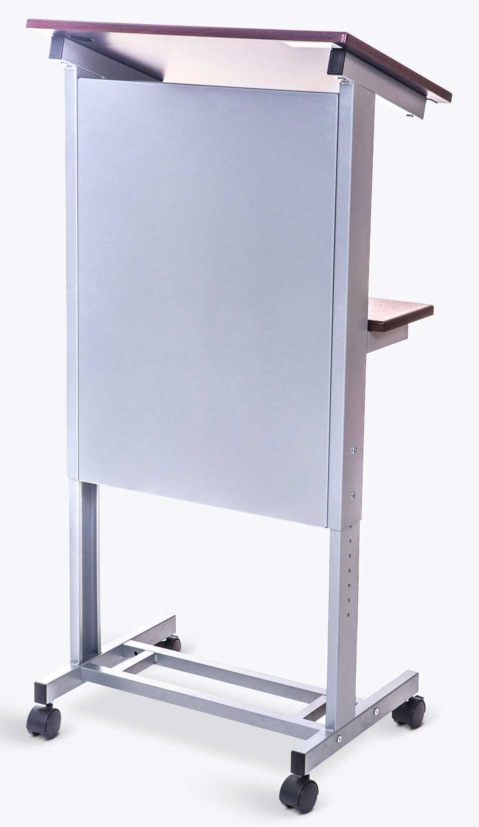 Luxor Dark Walnut Rolling Adjustable- Height Podium, 23.5 x 16.5 x 40.5 - 48.5 inch Height