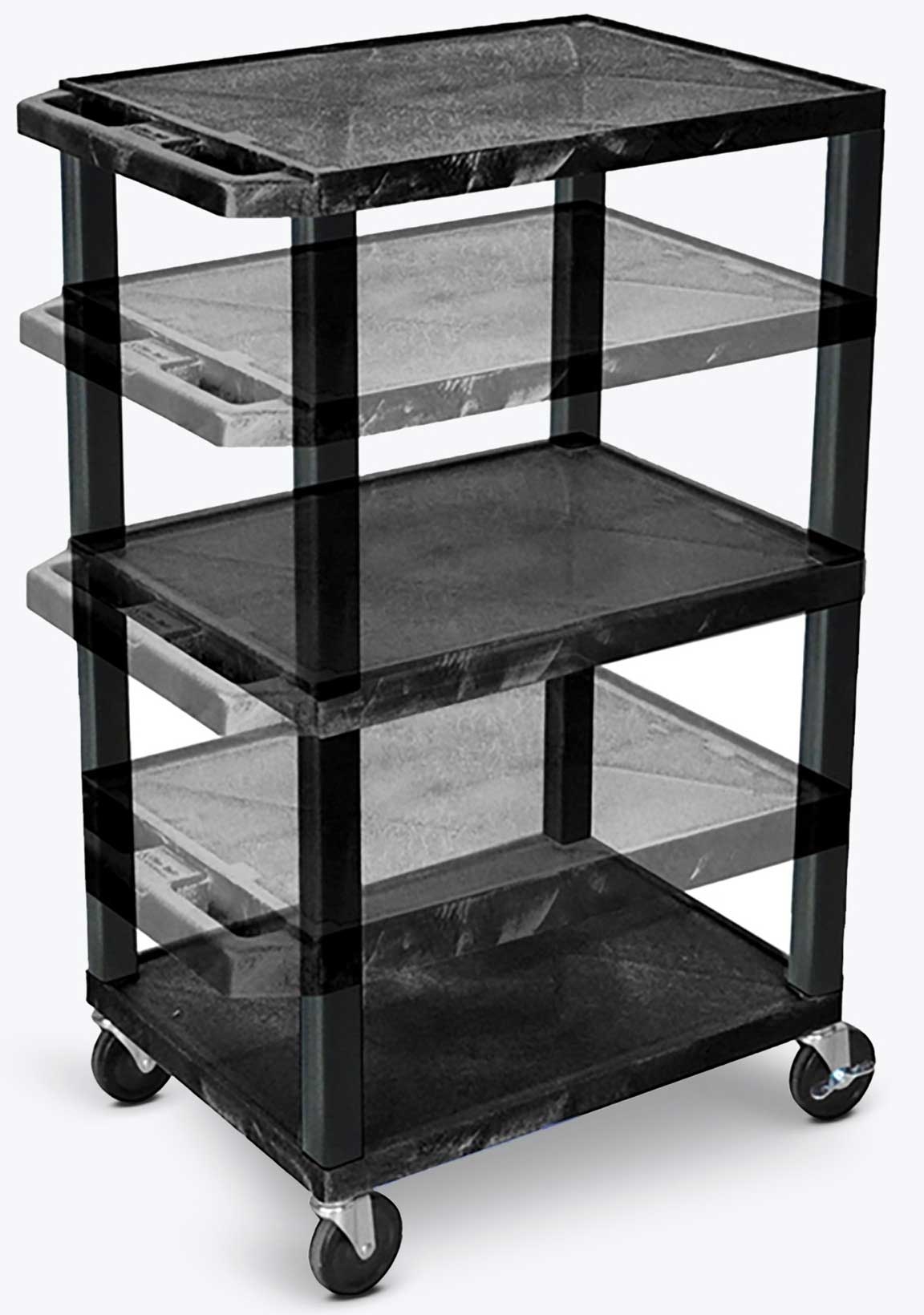 Luxor Black Multi-Height AV Cart with 3 Shelves and Black Legs, 24 x 18 x 16 to 42 inch Height