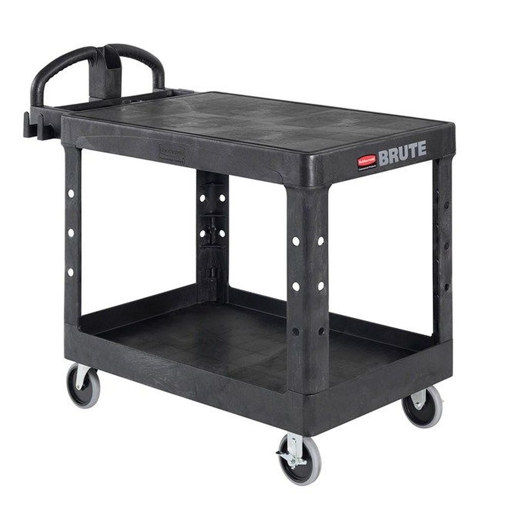 Rubbermaid Brute Black Medium Flat Shelf Heavy Duty Utility Cart With Ergo Handle, 500 Pound Capacity