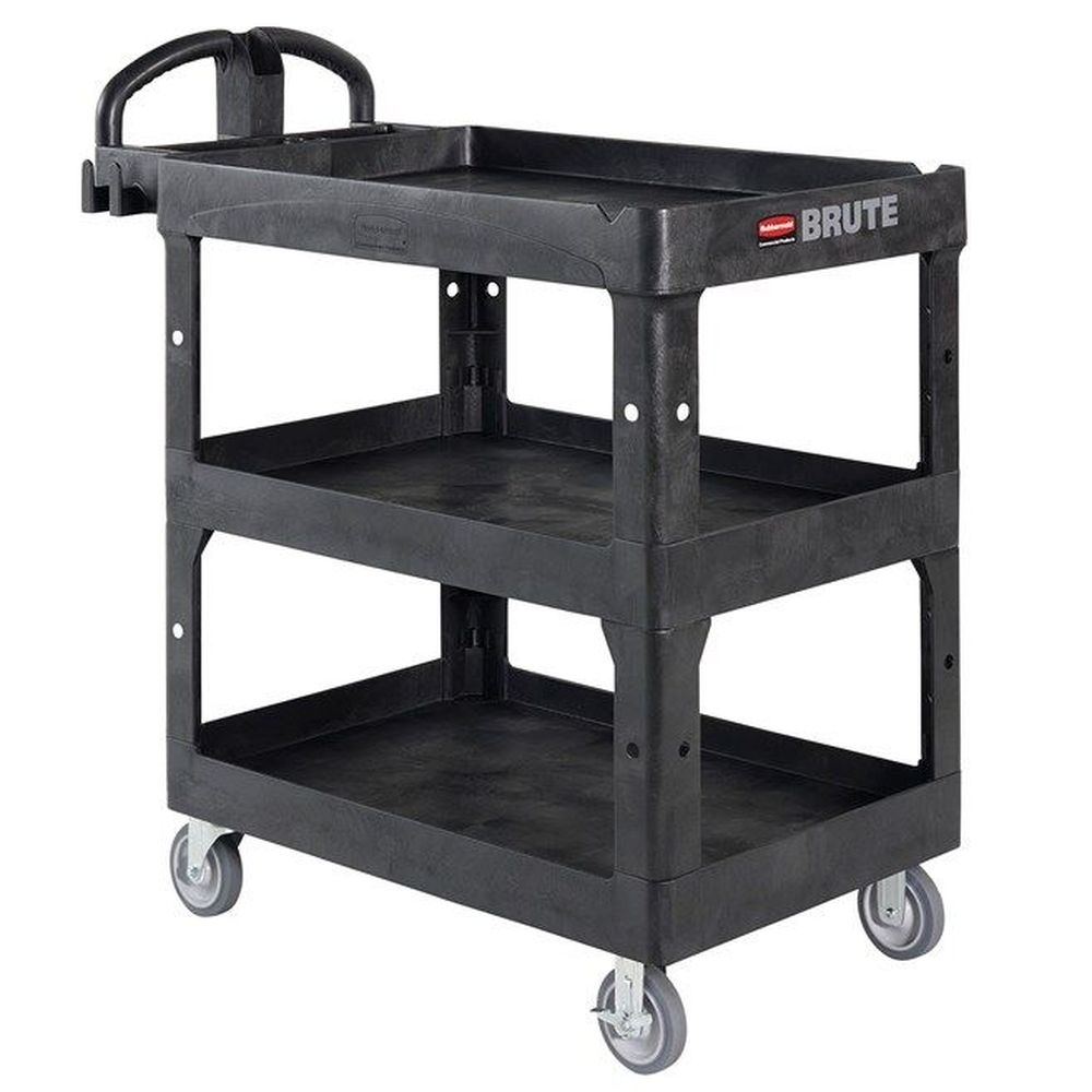 Rubbermaid Brute Black Medium 3 Lipped Shelf Heavy-duty Utility Cart With Ergo Handle, 600 Pound Capacity