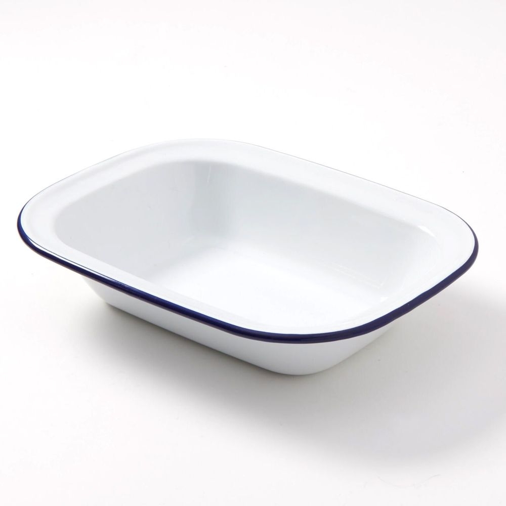 American Metalcraft White With Blue Rim 32 Ounce Oblong Enamel Bowl, 10 X 7-5/8 X 1-7/8 Inch