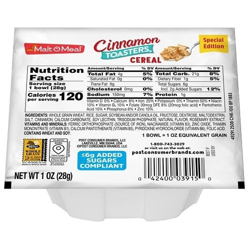 Malt-o-meal Single Serve Cinnamon Toasters Bowl Pack Cereal, 1 Ounce -- 96 Per Case