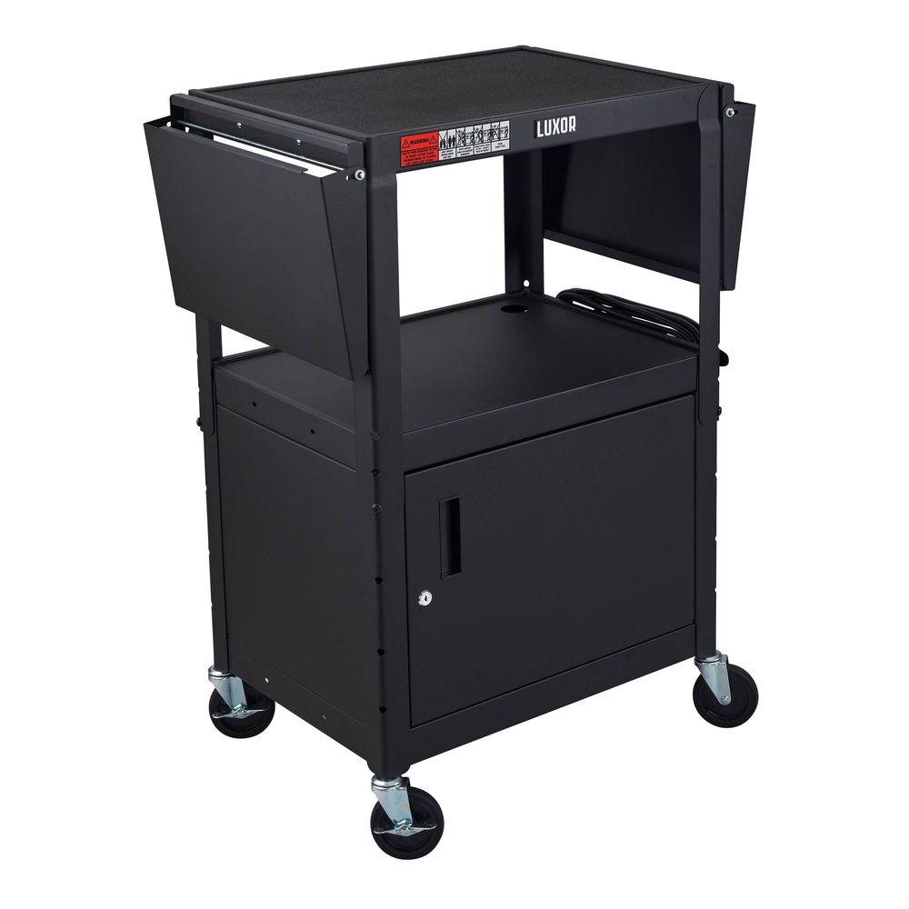 Luxor Leader Black Adjustable-height Three-shelf Media Utility Cart With Locking Cabinet And Drop Leaf Shelves, 24 X 18 X 24 To 42 Inch Height