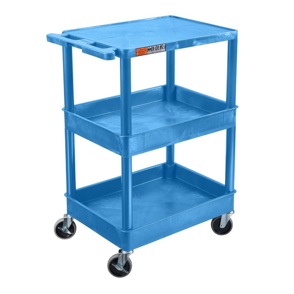 Luxor Endura Blue Three-shelf Utility Cart With Flat Top Shelf And Middle/bottom Tub Shelves, 24 X 18 X 36.5 Inch