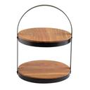 Tablecraft Acacia and Black Powder Coated Metal Collapsible Round Two-Tiered Display Stand, 12 x 11.4 x 16 inch