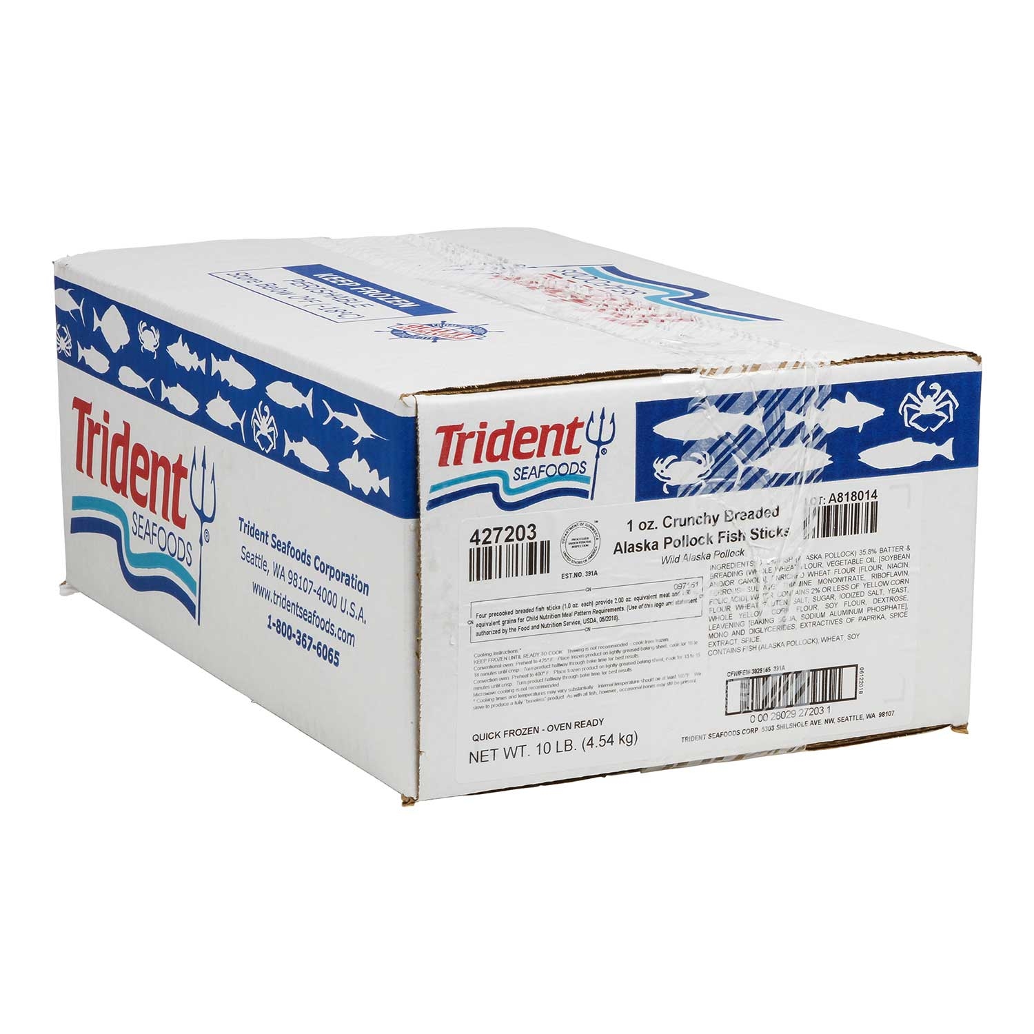 Trident Seafoods Crunchy Breaded Pollock Fish Sticks, Whole Grain, Oven Ready, 1 Ounce Pieces, 10 Pound