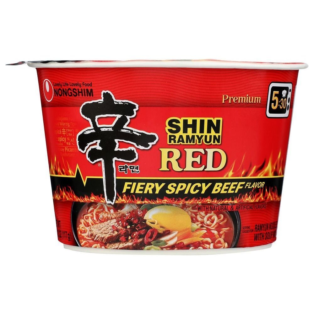 Nongshim Fiery Spicy Beef Flavor Shin Ramyun Red Noodles with Soup Mix, 4.12 Ounce Cup -- 6 per case