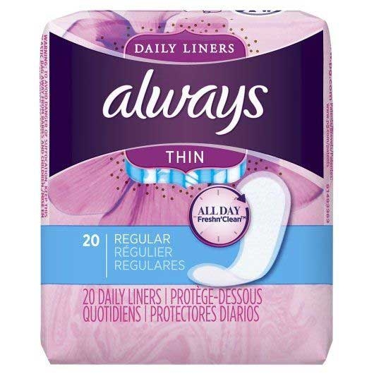Always Unscented Regular Thin Pantiliner, 20 Count -- 24 Per Case