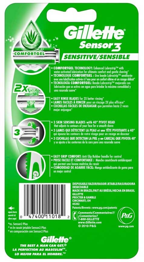 Gillette Sensor 3 Base Sensitive/Sensible Disposable Razor, 8 count per pack -- 12 per case.