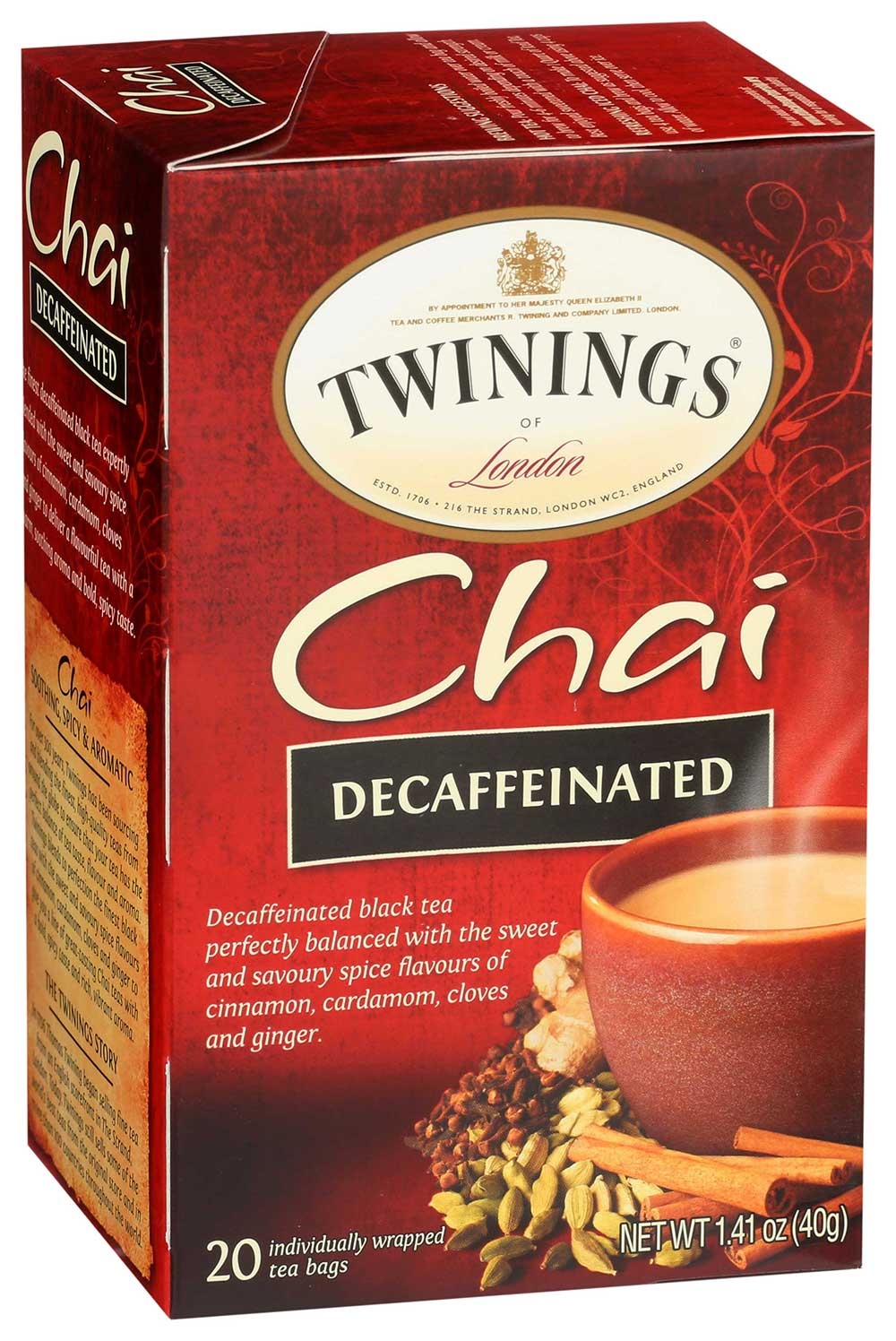 Twinings Chai Decaffeinated Tea Bag, 1.41 Ounce - 20 bags per pack -- 6 packs per case.