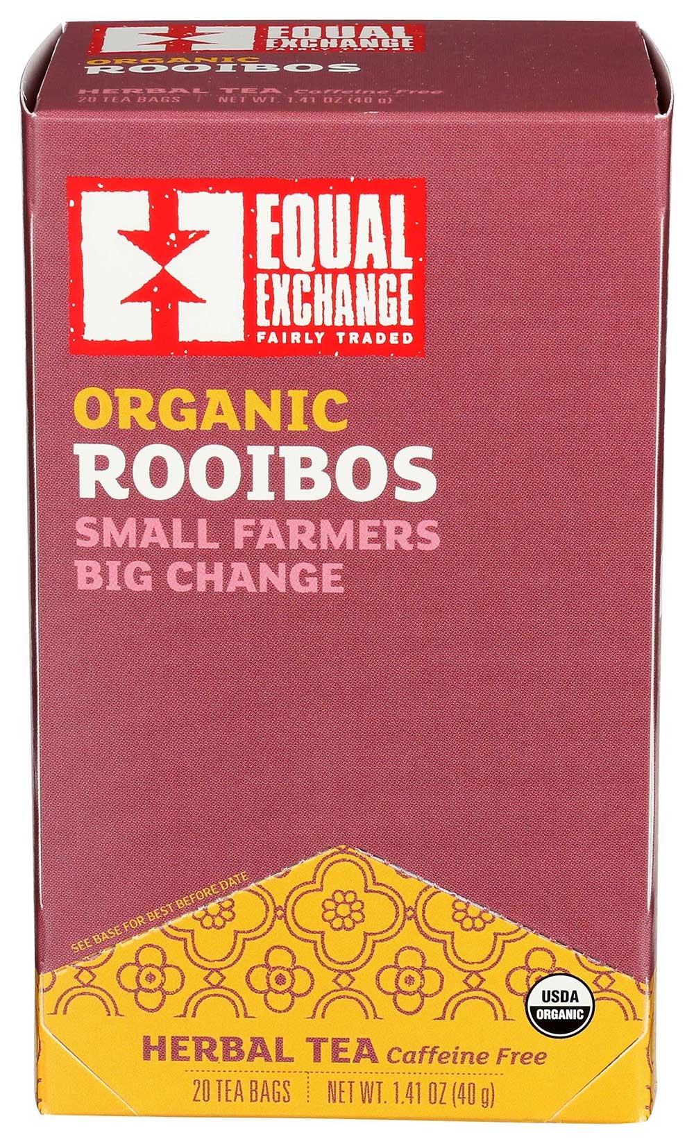 Equal Exchange Organic Rooibos Tea - 20 bags per pack -- 6 packs per case.