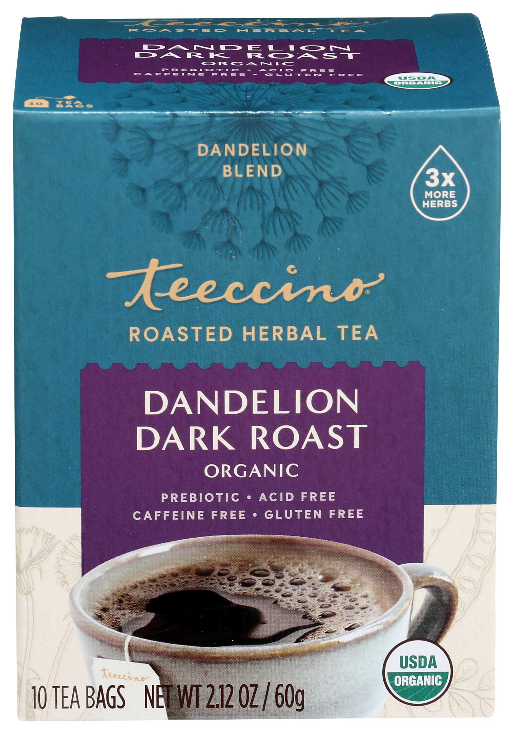 Teeccino Dandelion Dark Roast Herbal Coffee - 10 bags per pack -- 6 packs per case.