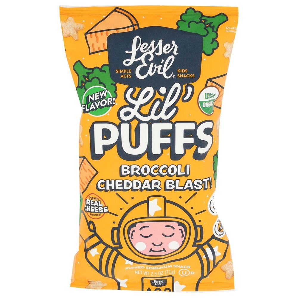 LesserEvil Organic Broccoli Cheddar Blast Lil Puffs, 2.5 Ounce -- 5 per case