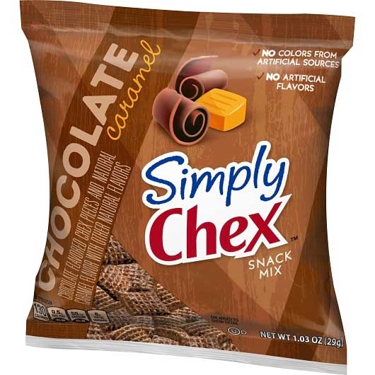 Simply Chex Chocolate Caramel Cereal Pieces, 1.03 Ounce -- 60 per case.