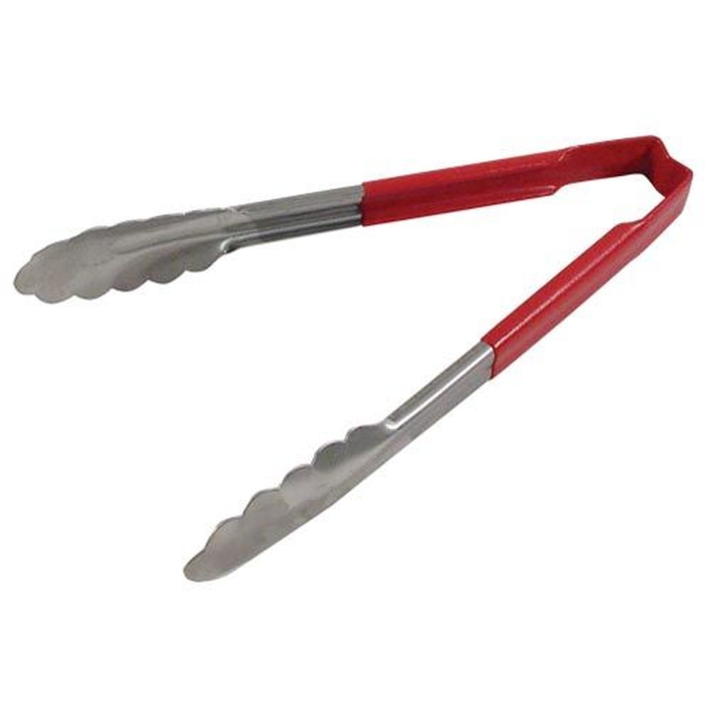 Vollrath 4780940 Stainless Steel Antimicrobial One Piece Scalloped Tong With Red Kool-touch Handle, 9.5 Inch Length