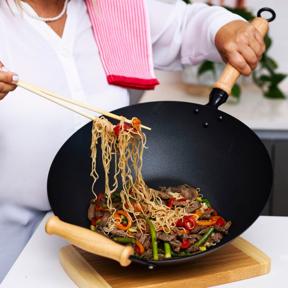 Joyce Chen Professional Series 14 inch Carbon Steel Excalibur Nonstick Flat Bottom Wok Set with Lid and Maple Handles, 10 count