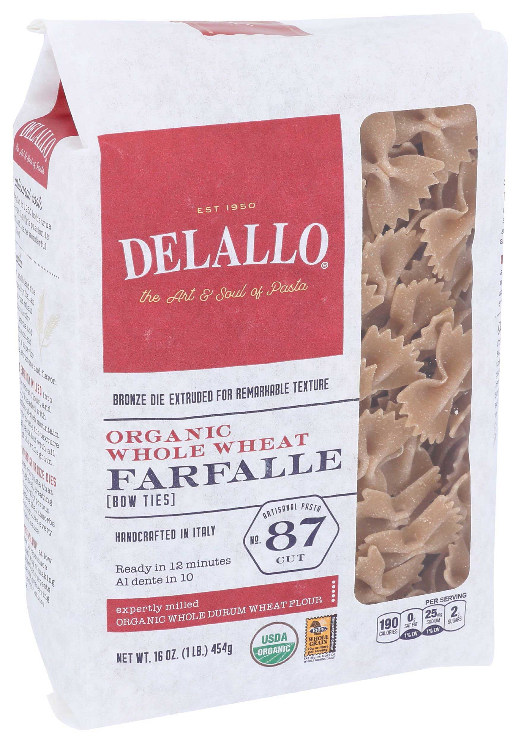 Delallo Whole Wheat Farfalle Pasta, 16 Ounce -- 8 per case