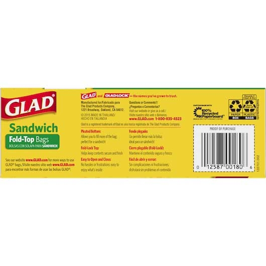Clorox Glad Fold Top Food Storage Sandwich Bag - 180 per pack -- 12 packs per case.
