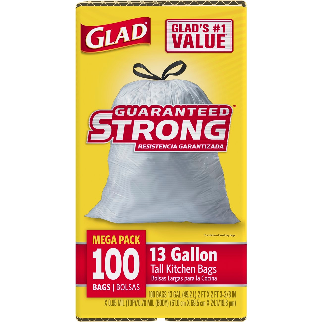 Glad Kitchen Tall Drawstring White Garbage Bag, 100 count per pack -- 4 per case.