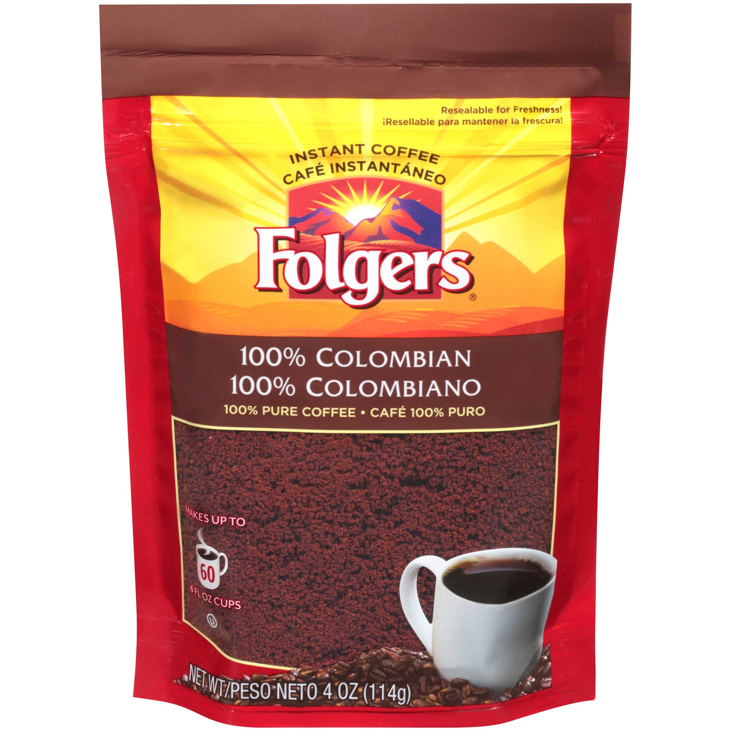 Folgers 100 Percent Colombian Instant Coffee, 4 Ounce -- 24 per case.