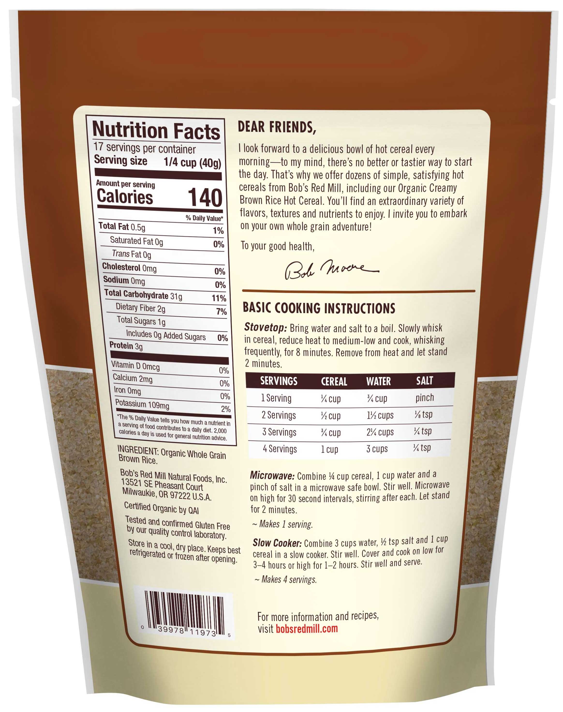 Bob's Red Mill Organic Creamy Brown Rice Hot Cereal, 24 Ounce -- 4 Per Case