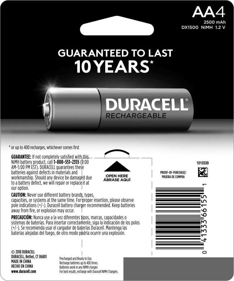Duracell AA4 Nickel Metal Hyrdride LSD Rechargeable Major Cell - 4 count per pack -- 24 packs per case