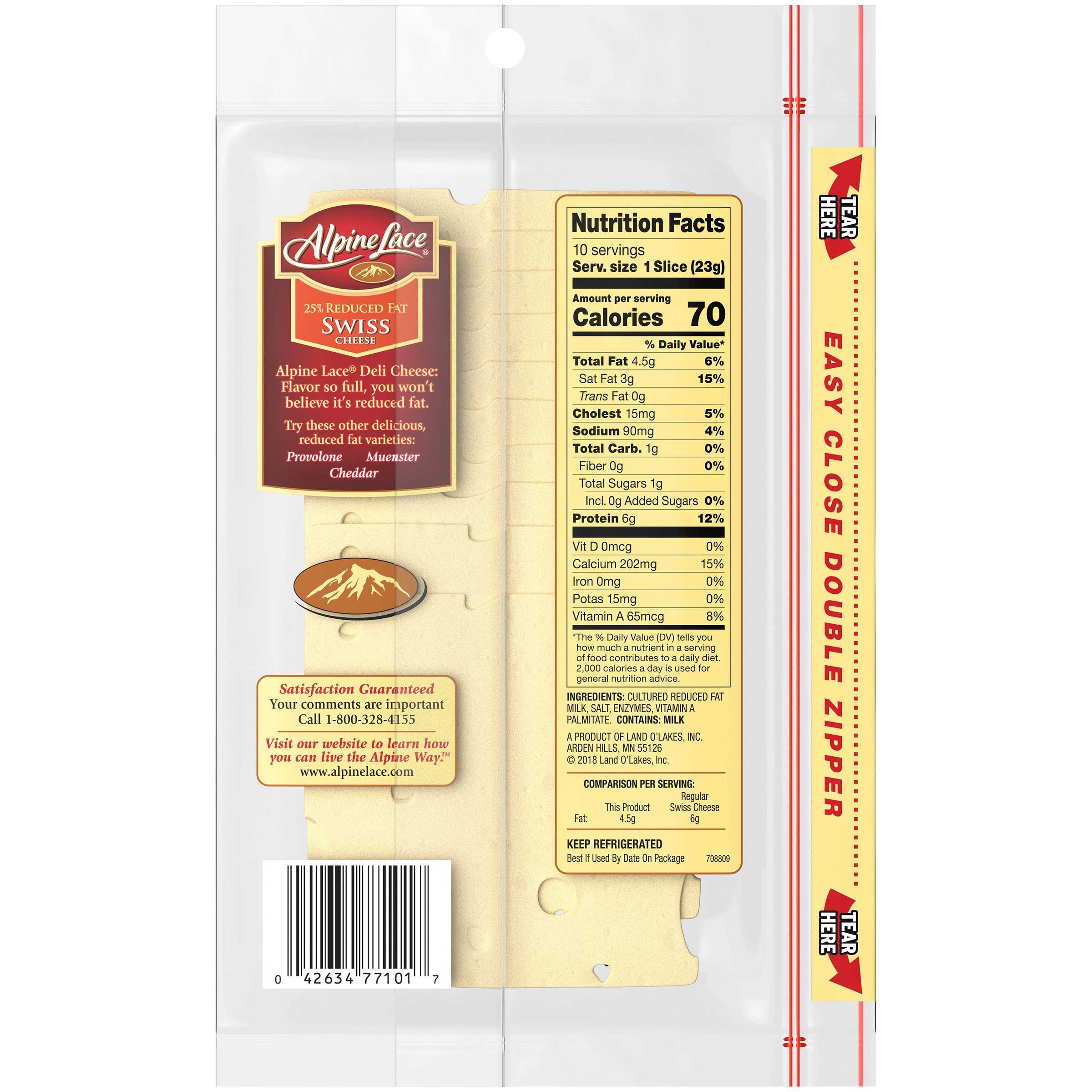 Alpine Lace Sliced 25% Reduced Fat Swiss Cheese, 8 Ounce -- 12 per case