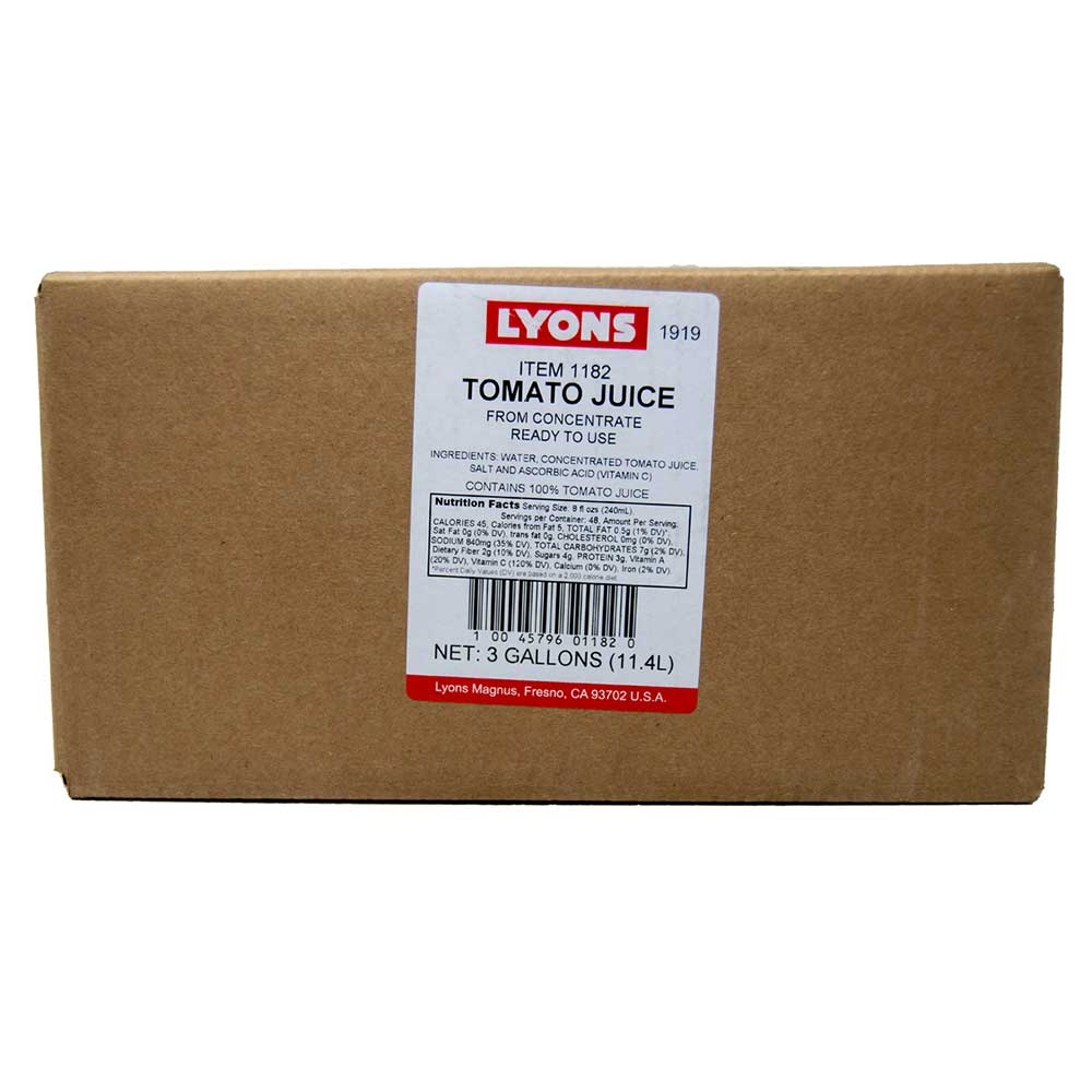 Lyons 100 Percent Tomato Juice, 3 Gallon Bib