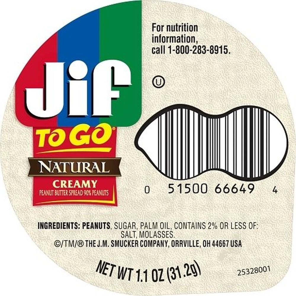 Jif To Go Natural Creamy Peanut Butter, 1.1 Ounce -- 48 per case