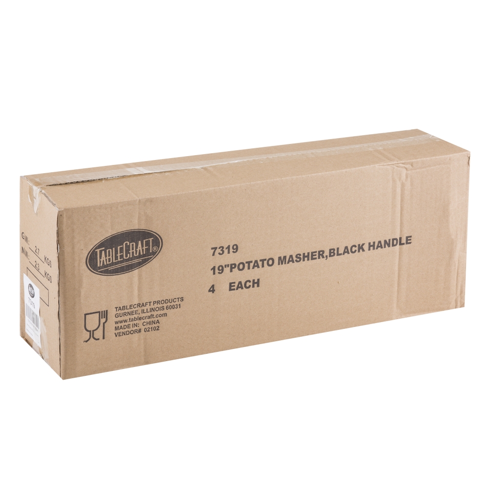 Tablecraft Chrome Plated Metal Potato Masher with Black Handle, 19 inch -- 4 per case